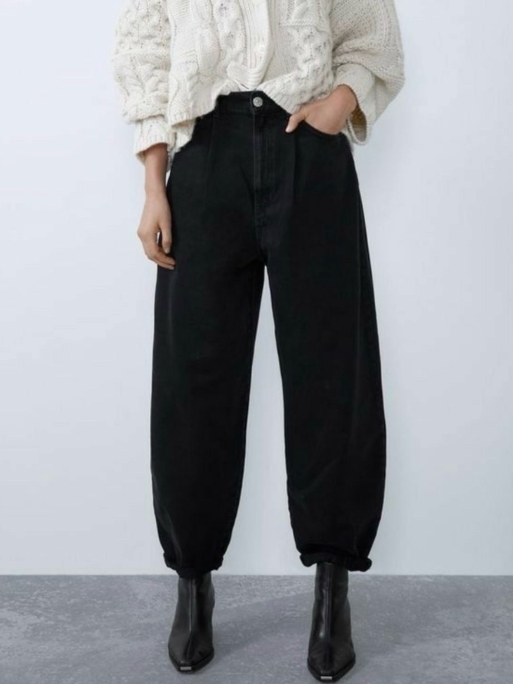 Zara The 90s Balloon Fit High Rise Denim Pants Shadow Black Sz 4